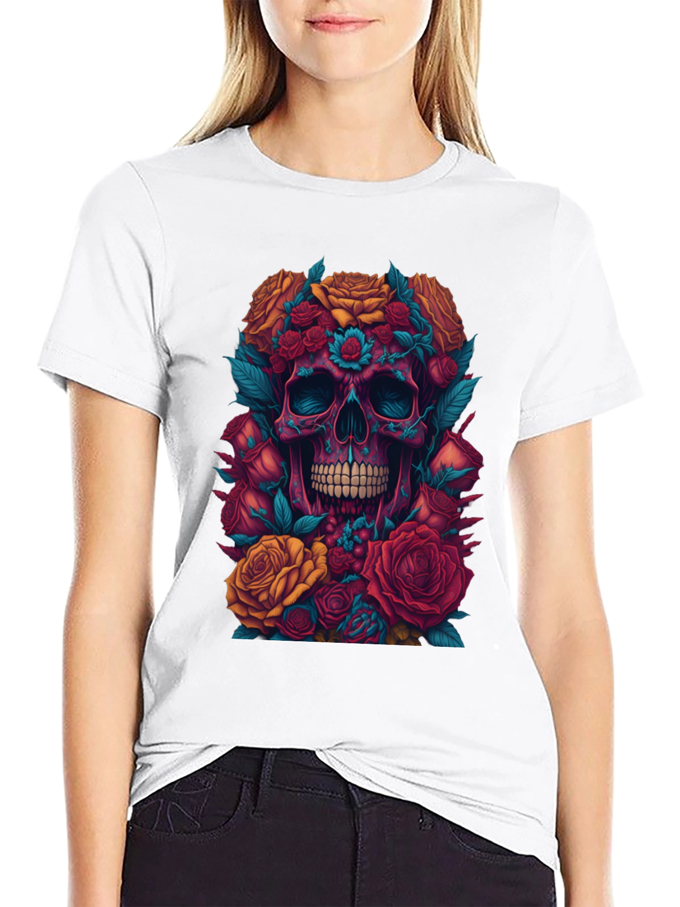 Floral Skull Graphic Tee - Unique Art Shirt