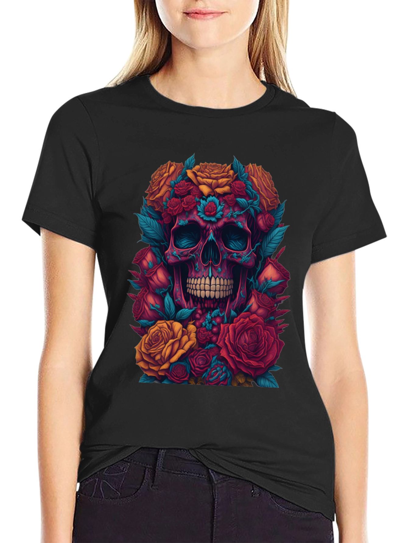Floral Skull Graphic Tee - Unique Art Shirt