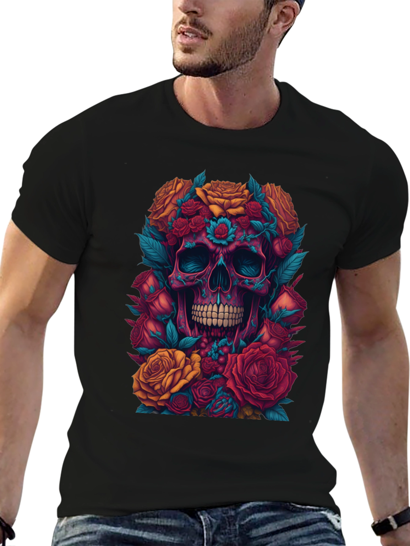 Floral Skull Graphic Tee - Unique Art Shirt