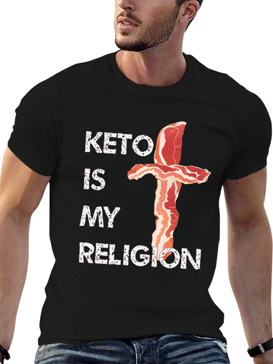 Keto Is My Religion T-Shirt - Bacon Cross Design