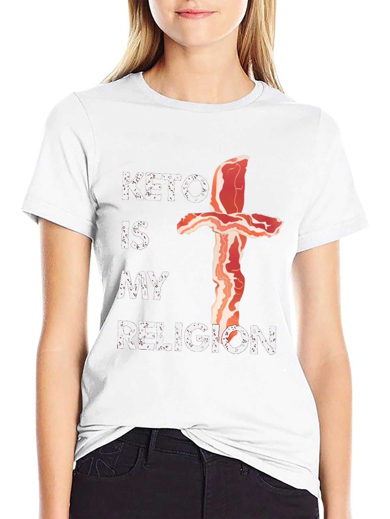Keto Is My Religion T-Shirt - Bacon Cross Design