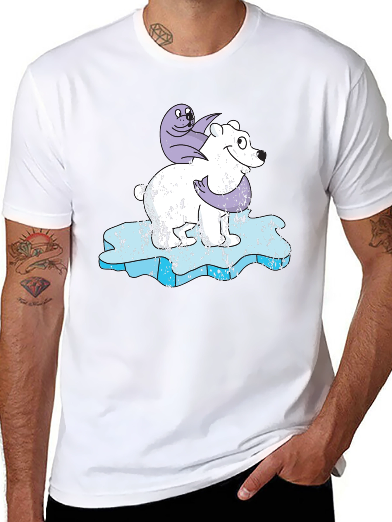 Polar Bear and Seal Cartoon Black T-Shirt