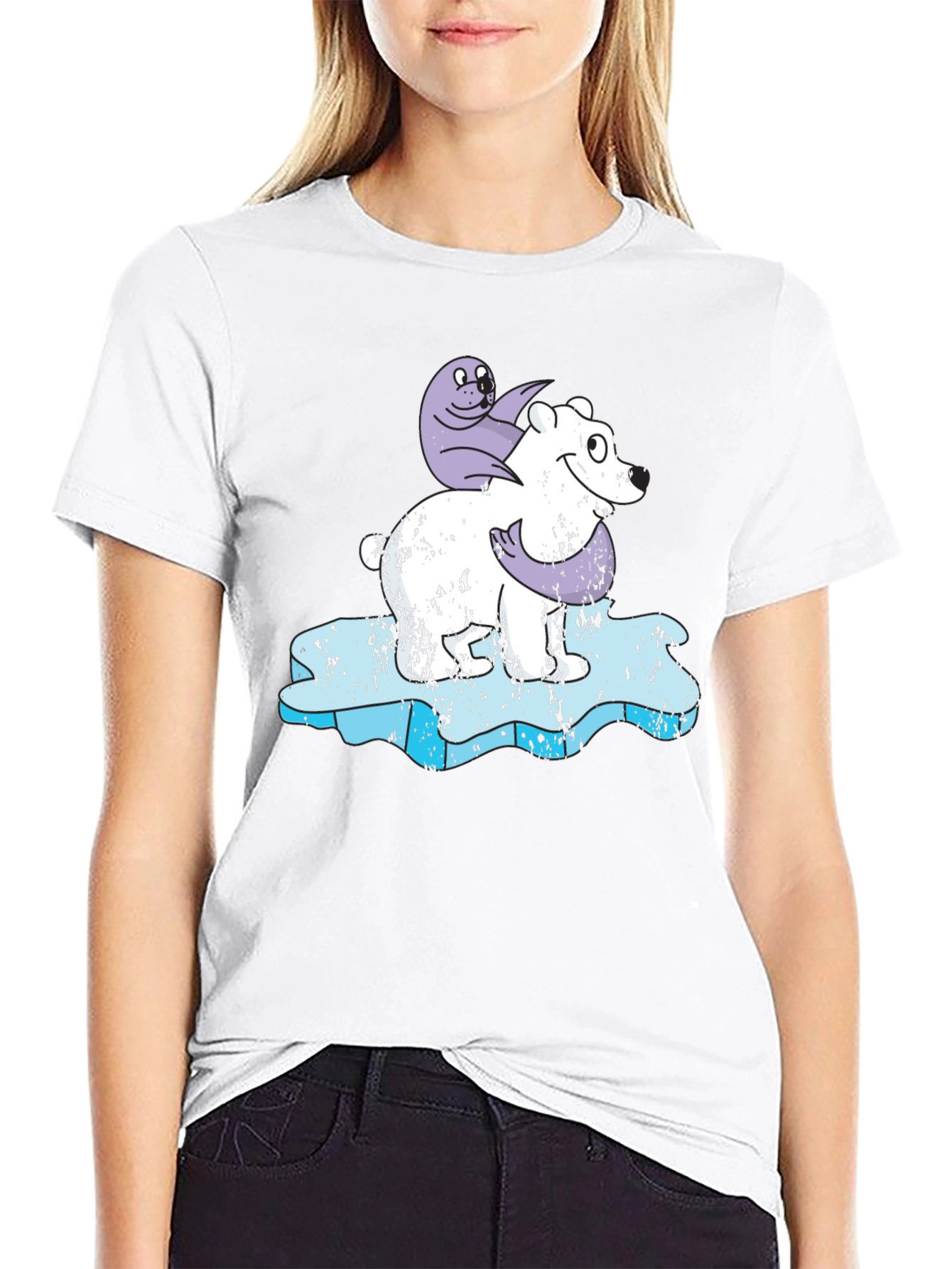 Polar Bear and Seal Cartoon Black T-Shirt