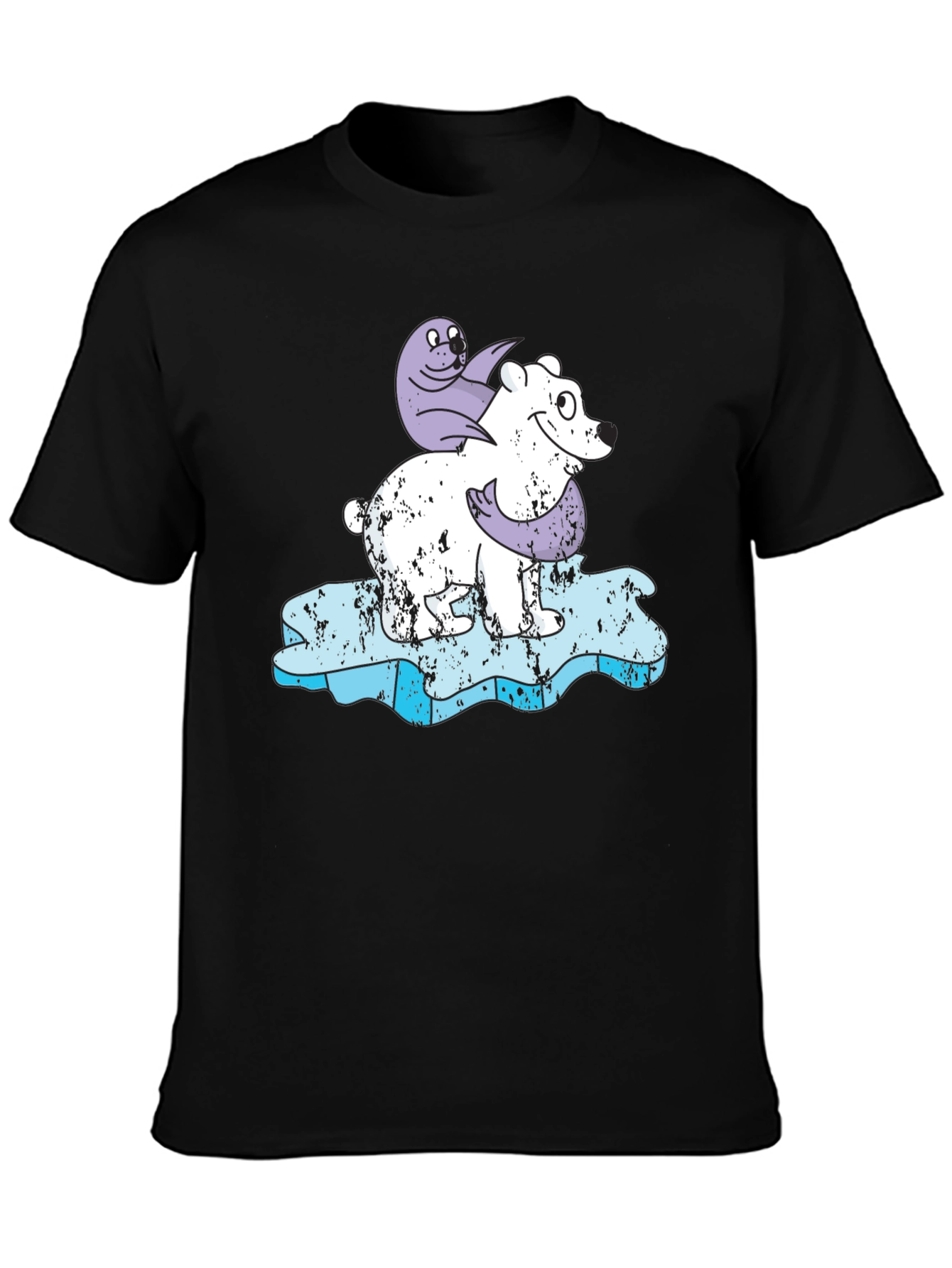 Polar Bear and Seal Cartoon Black T-Shirt