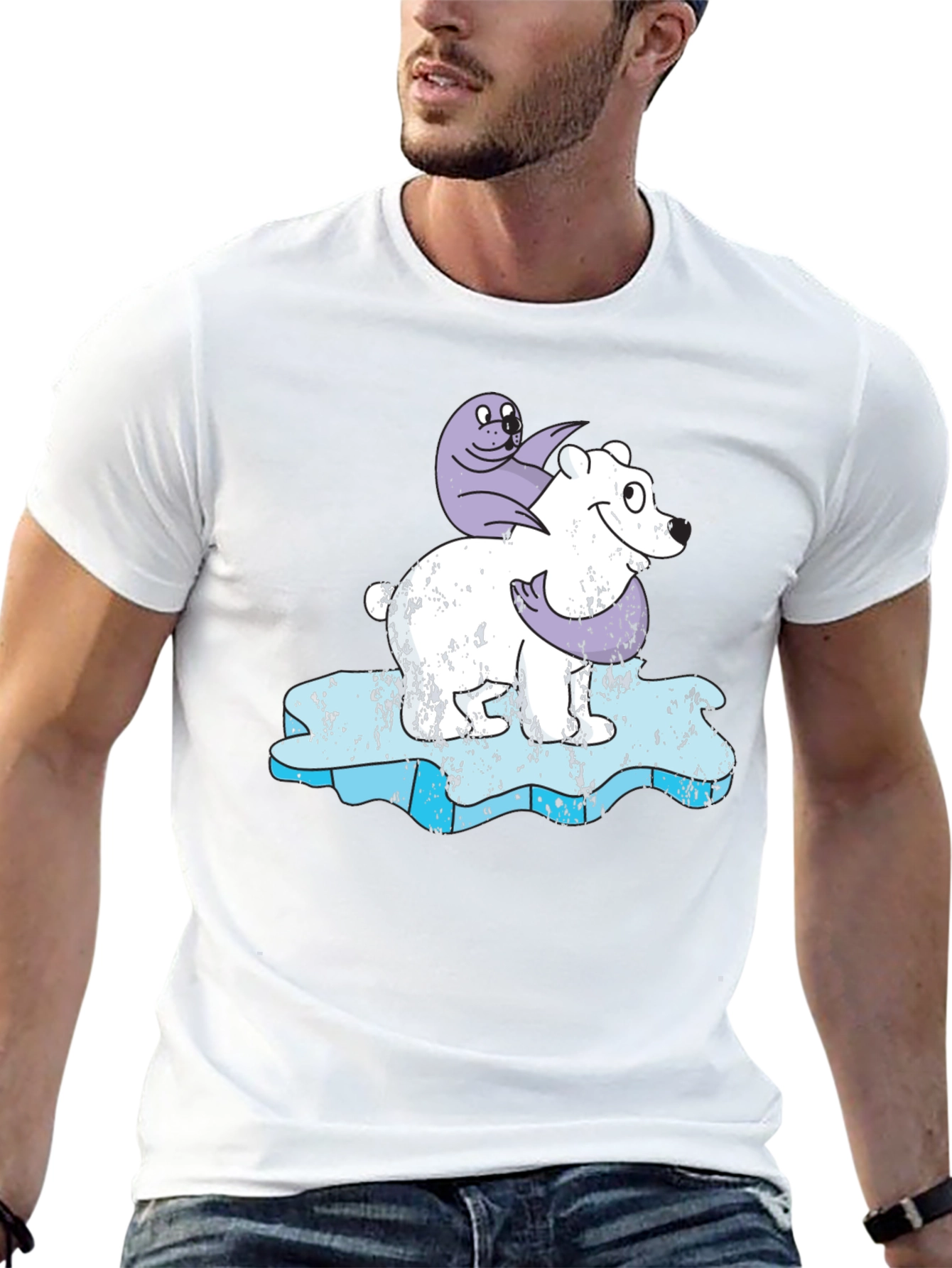 Polar Bear and Seal Cartoon Black T-Shirt