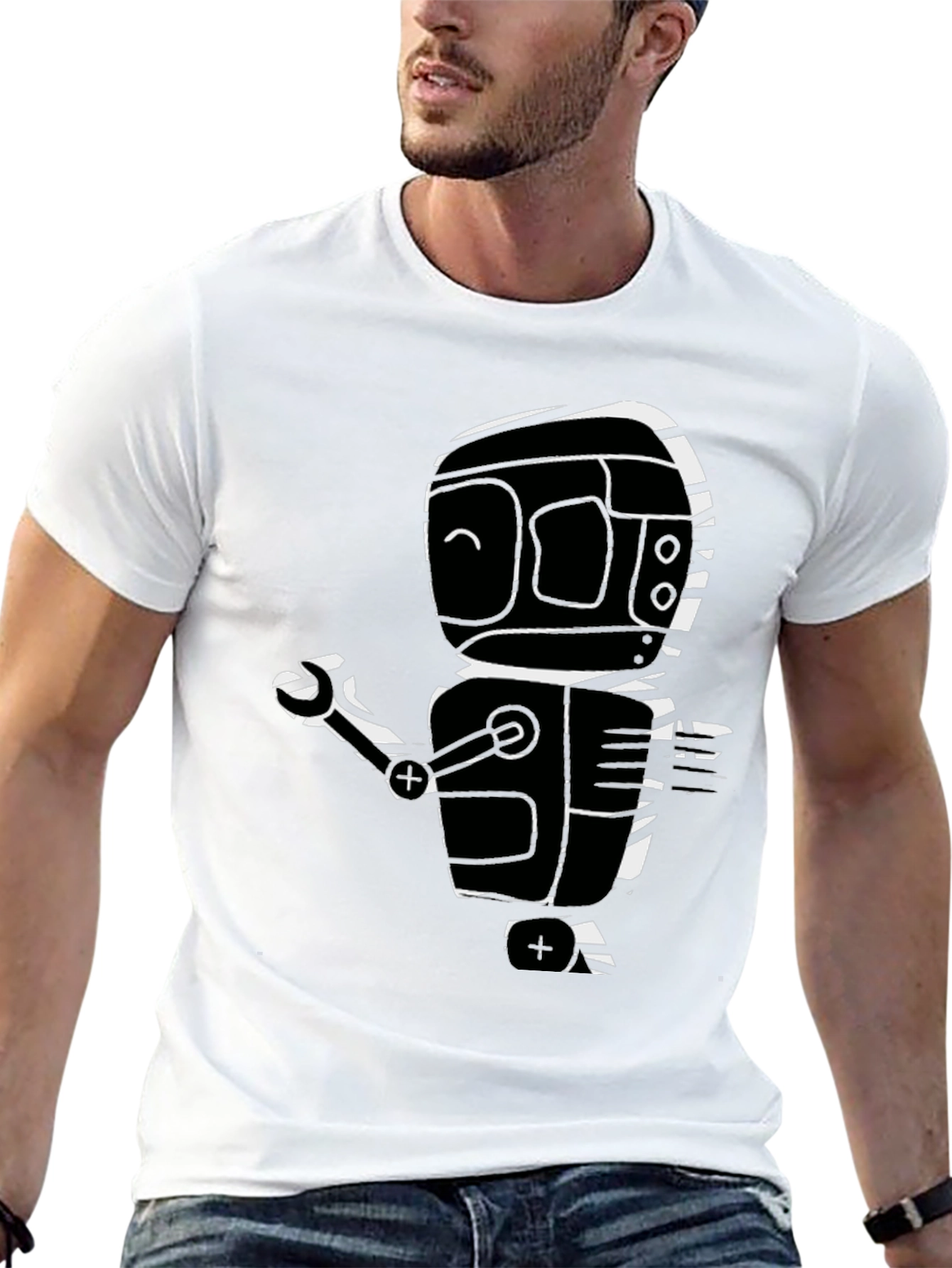 Robot Graphic Print Black T-Shirt