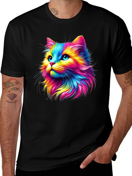 Rainbow Cat Graphic Tee - Soft Black Cotton T-Shirt