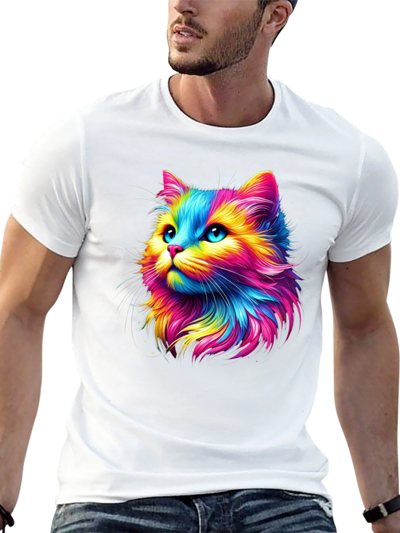 Rainbow Cat Graphic Tee - Soft Black Cotton T-Shirt