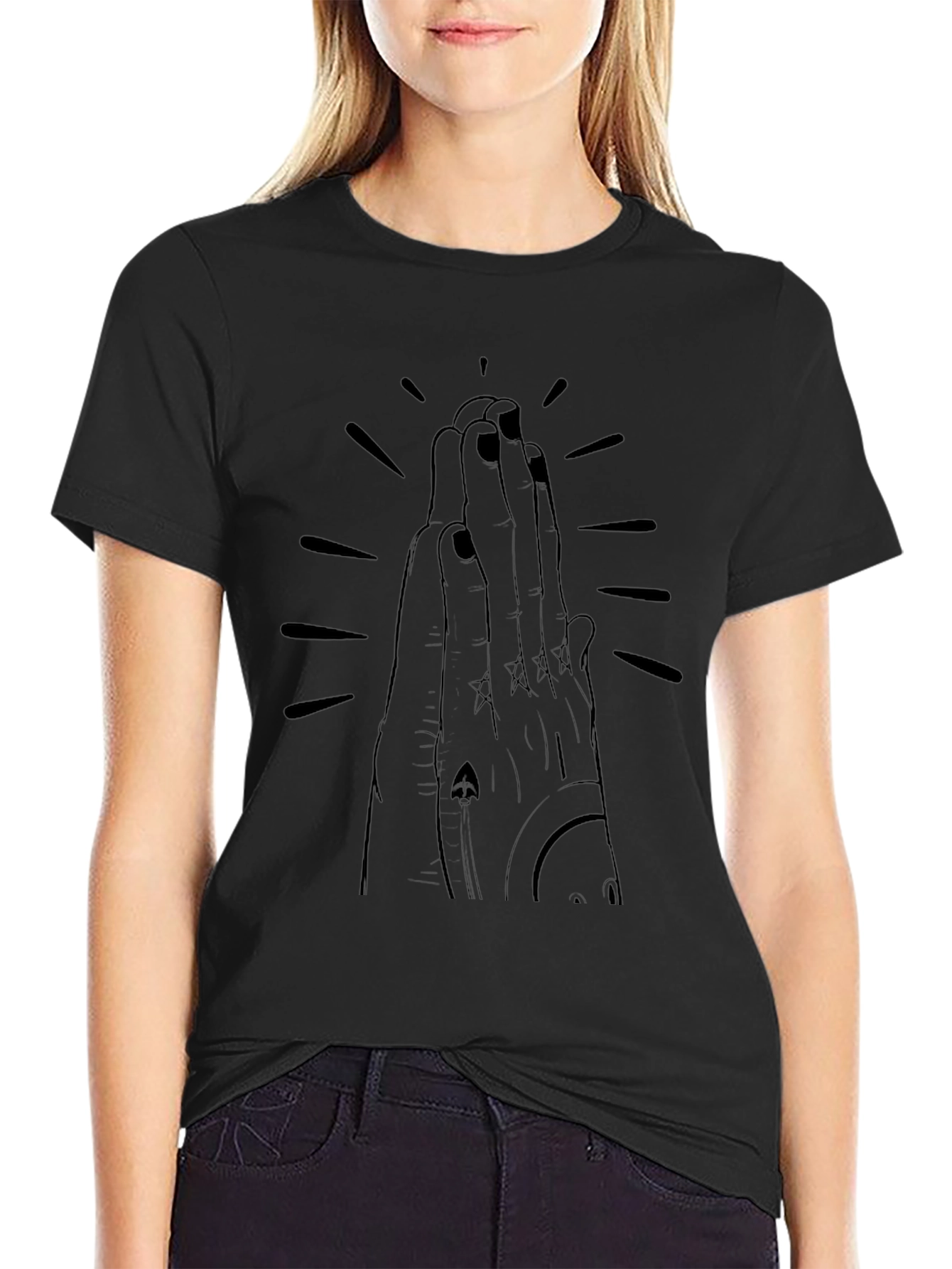 Graphic Black T-Shirt - Praying Hands Design