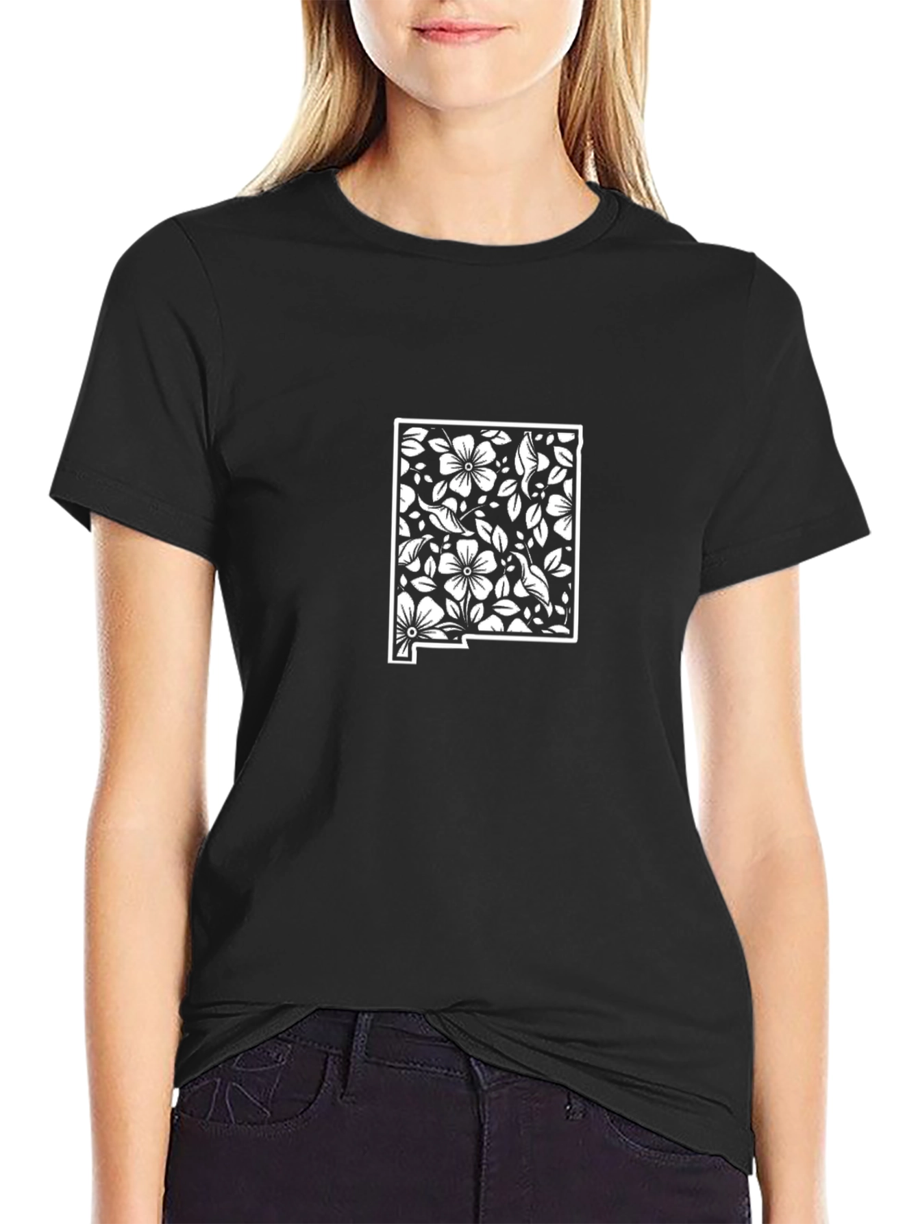 Floral New Mexico State Outline Black Tee