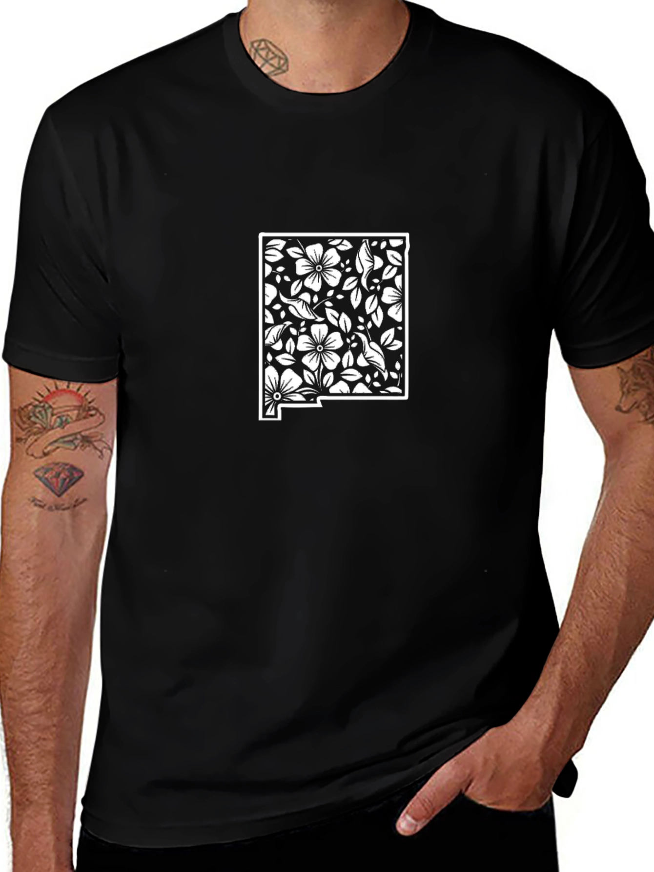 Floral New Mexico State Outline Black Tee