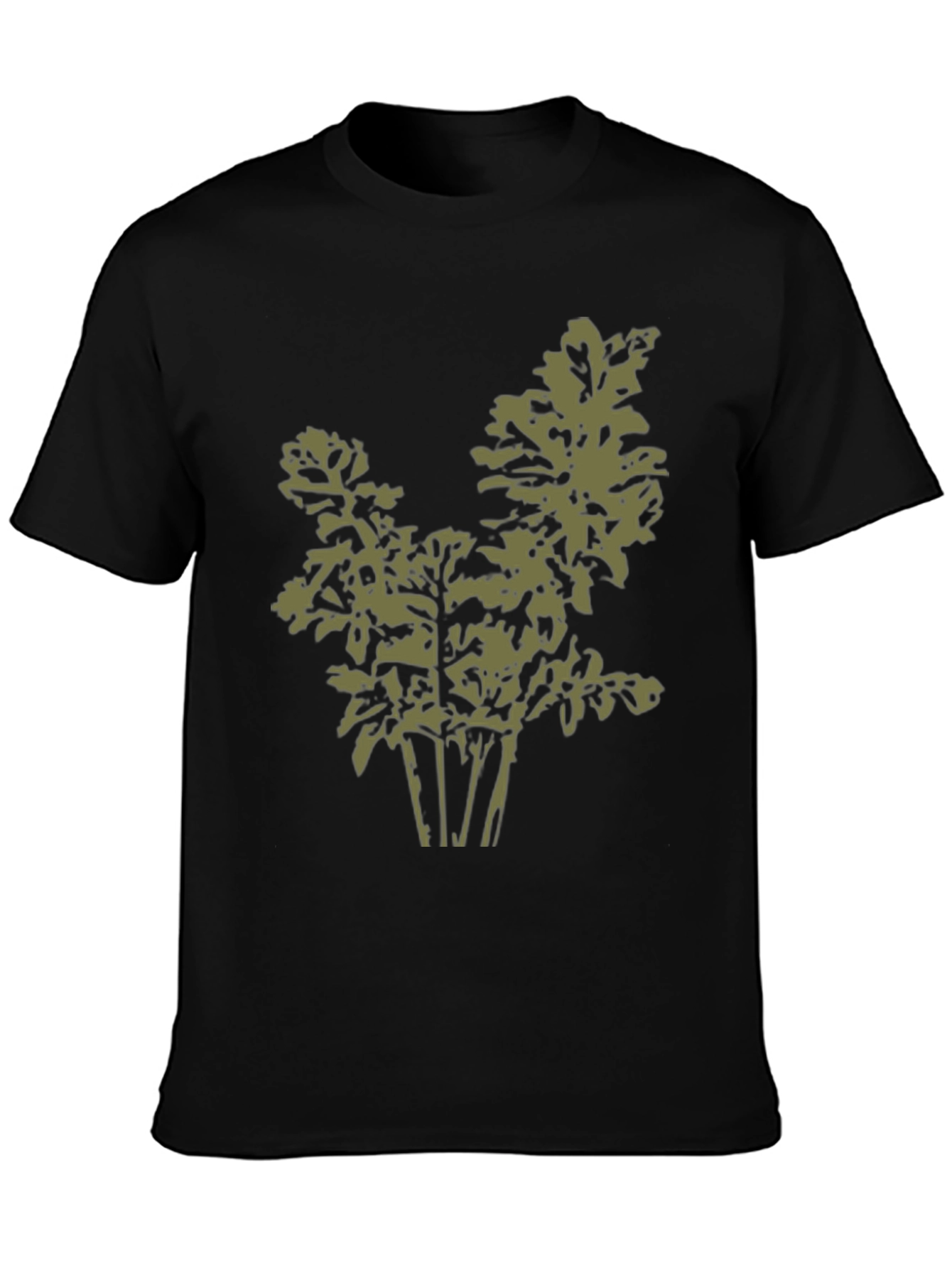 Olive Green Leaf Print Black T-Shirt