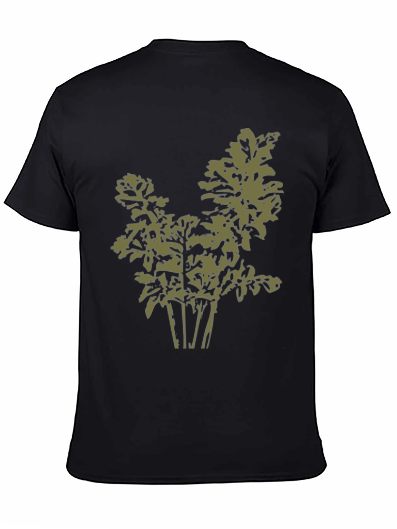Olive Green Leaf Print Black T-Shirt