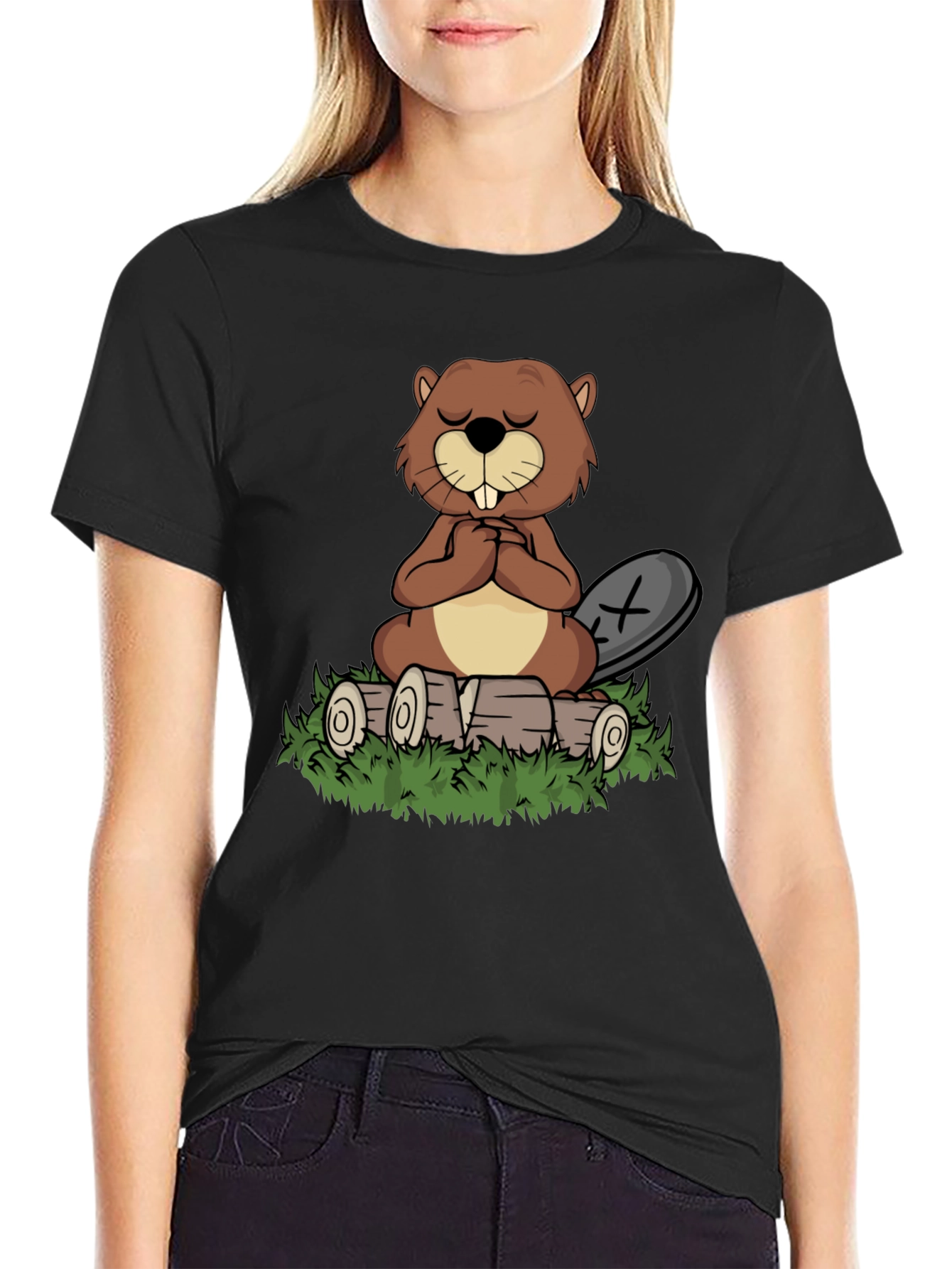 Zen Beaver Black T-Shirt: Meditating Beaver Design