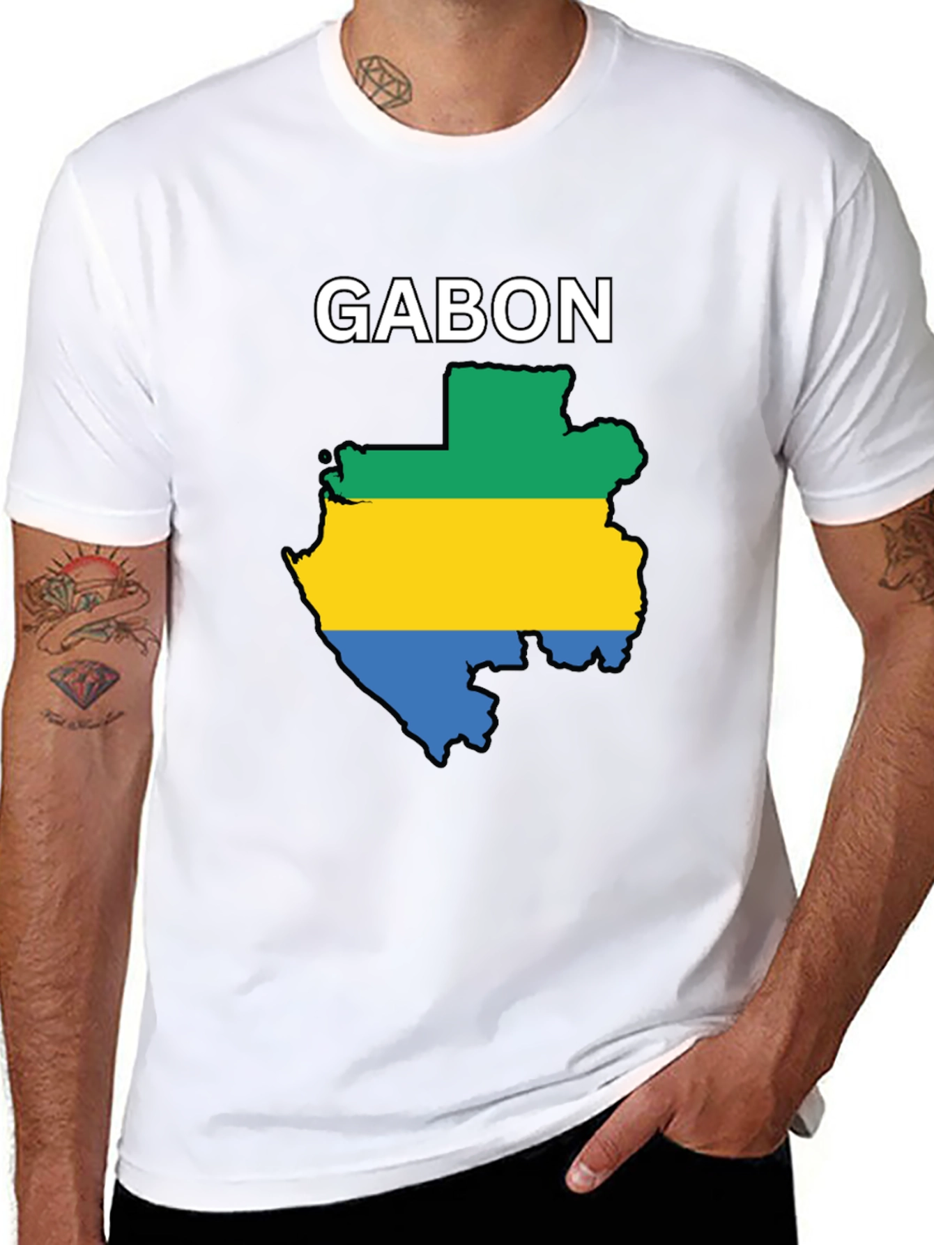 Gabon Flag Map T-Shirt - Black Cotton Tee