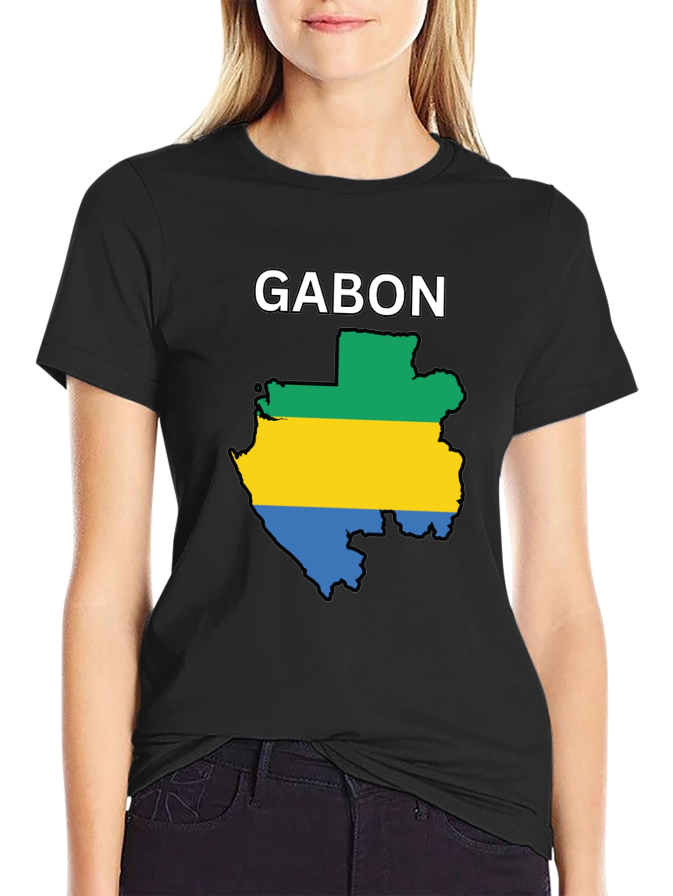 Gabon Flag Map T-Shirt - Black Cotton Tee