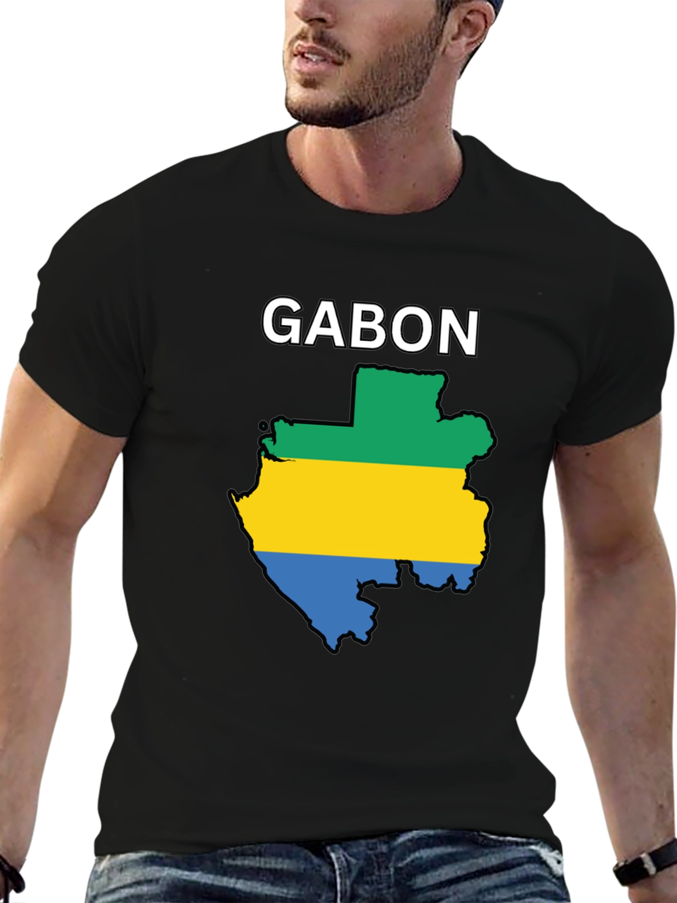 Gabon Flag Map T-Shirt - Black Cotton Tee