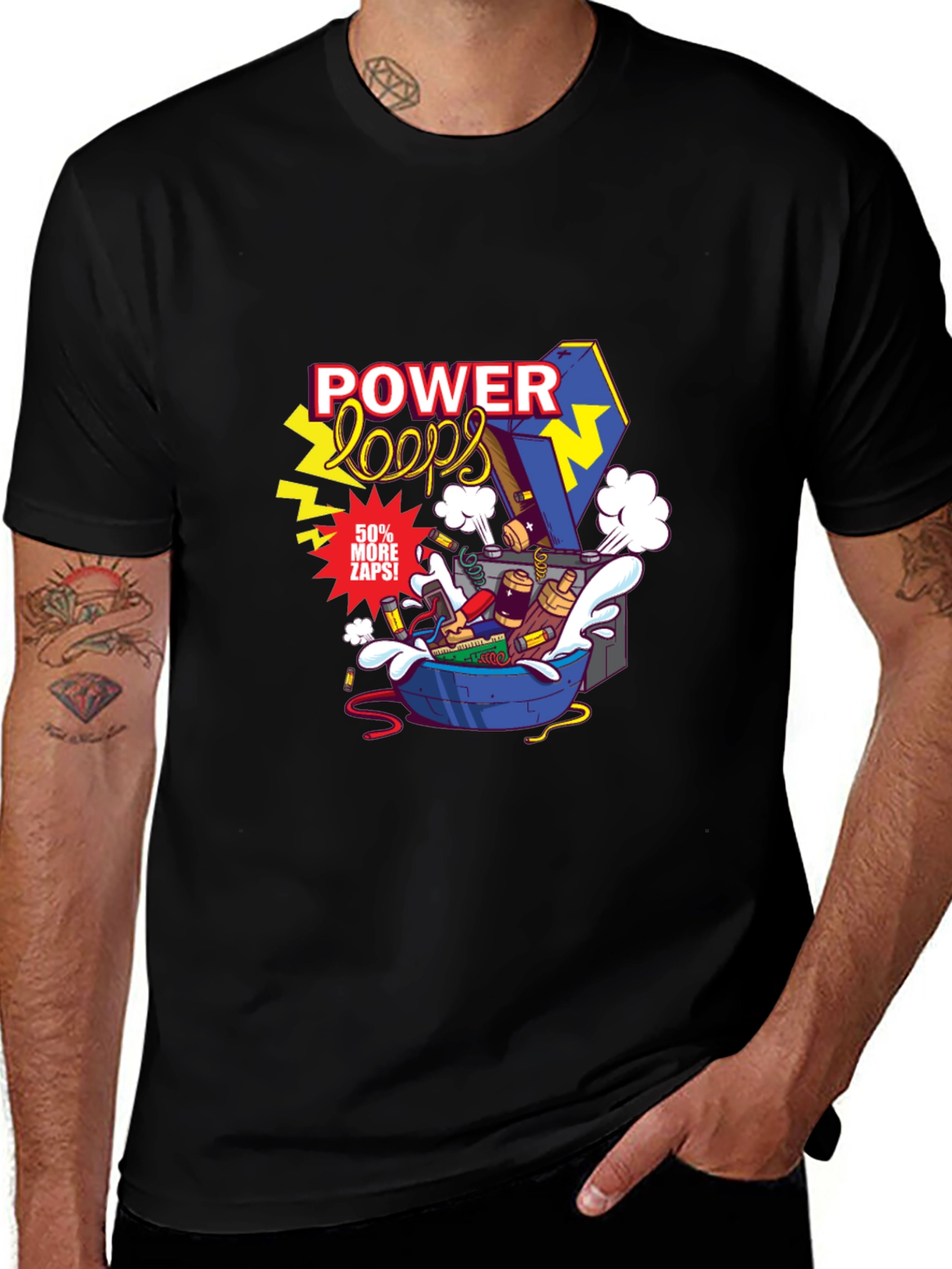 Power Loops Black Graphic Tee - Electric Cartoon Design