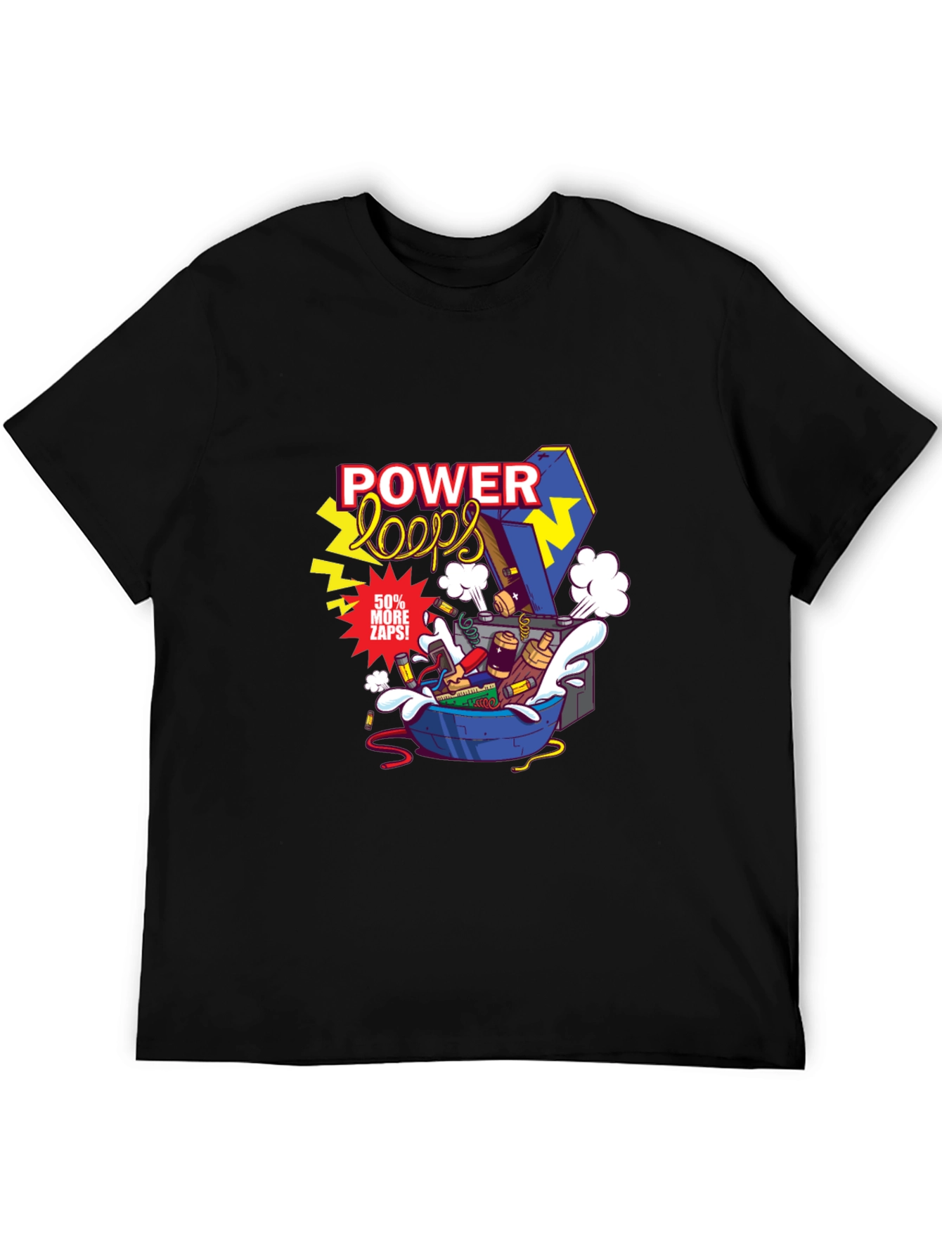 Power Loops Black Graphic Tee - Electric Cartoon Design