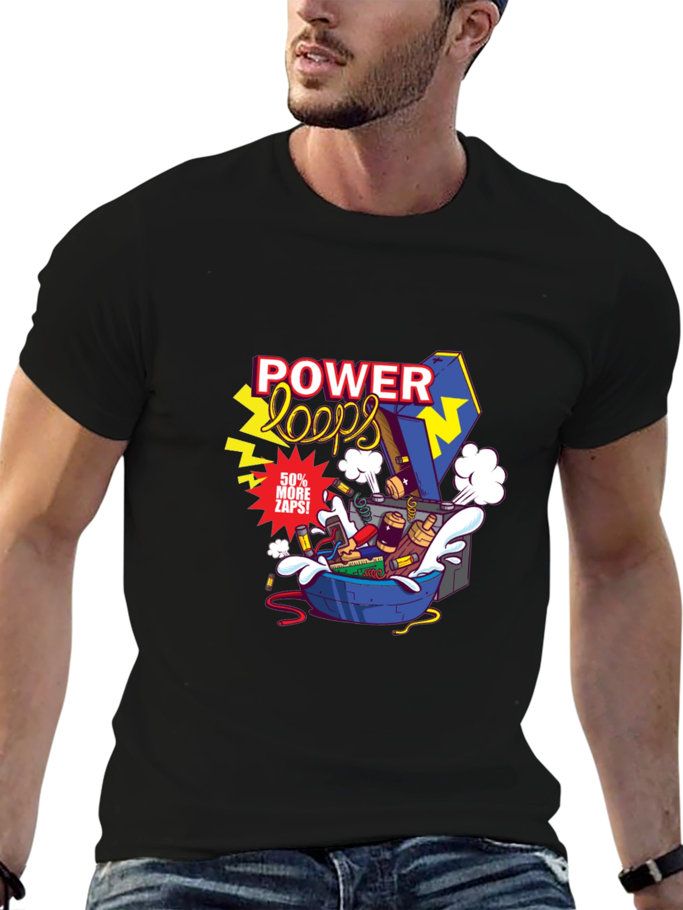Power Loops Black Graphic Tee - Electric Cartoon Design