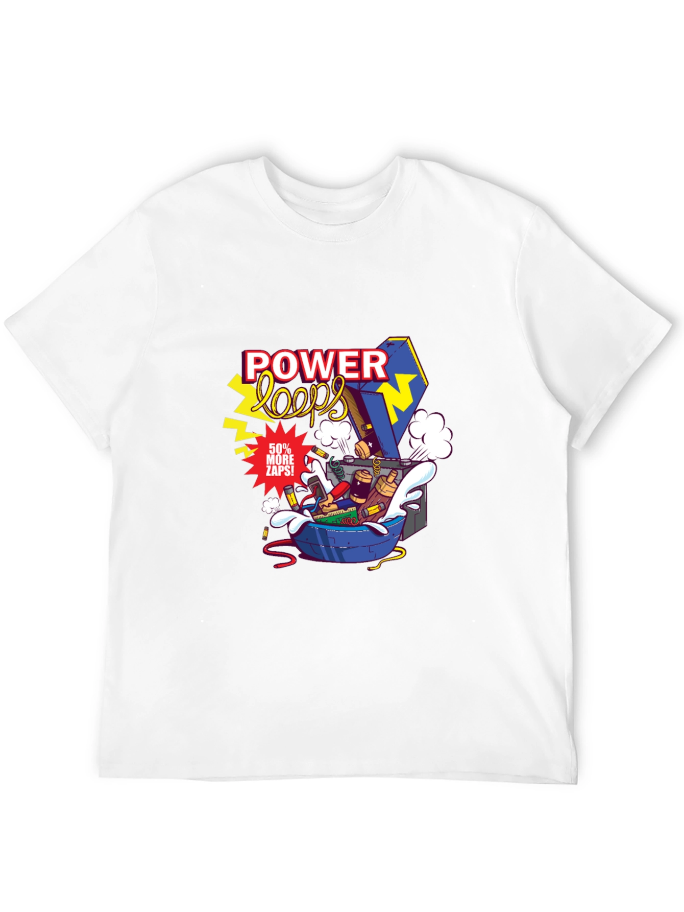 Power Loops Black Graphic Tee - Electric Cartoon Design