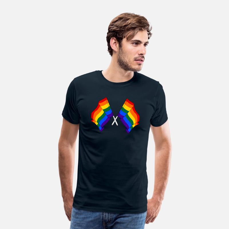 Two rainbow flags crossed