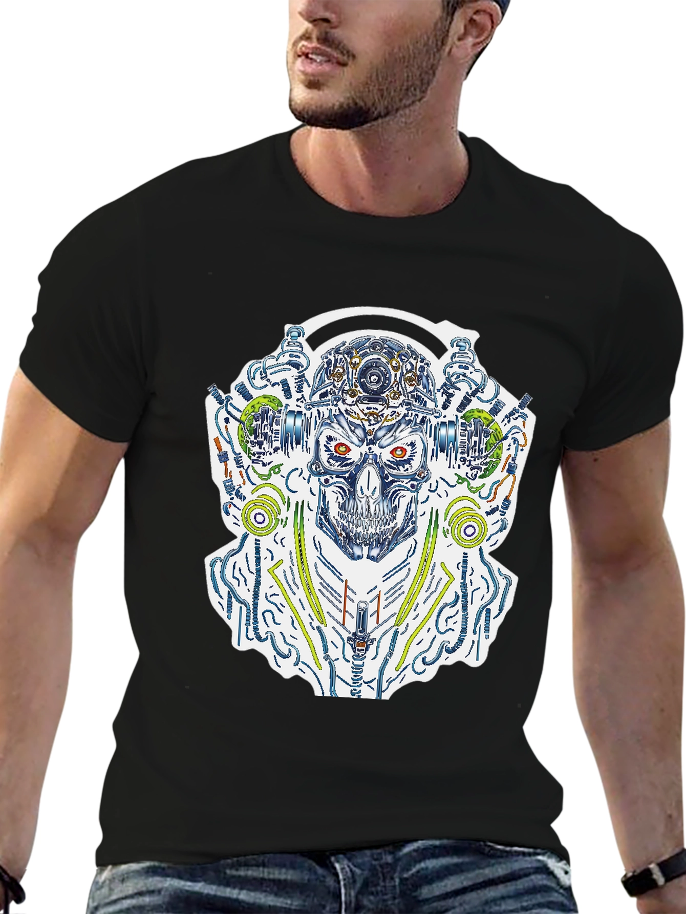 Cyberpunk Skull Graphic Tee - Black