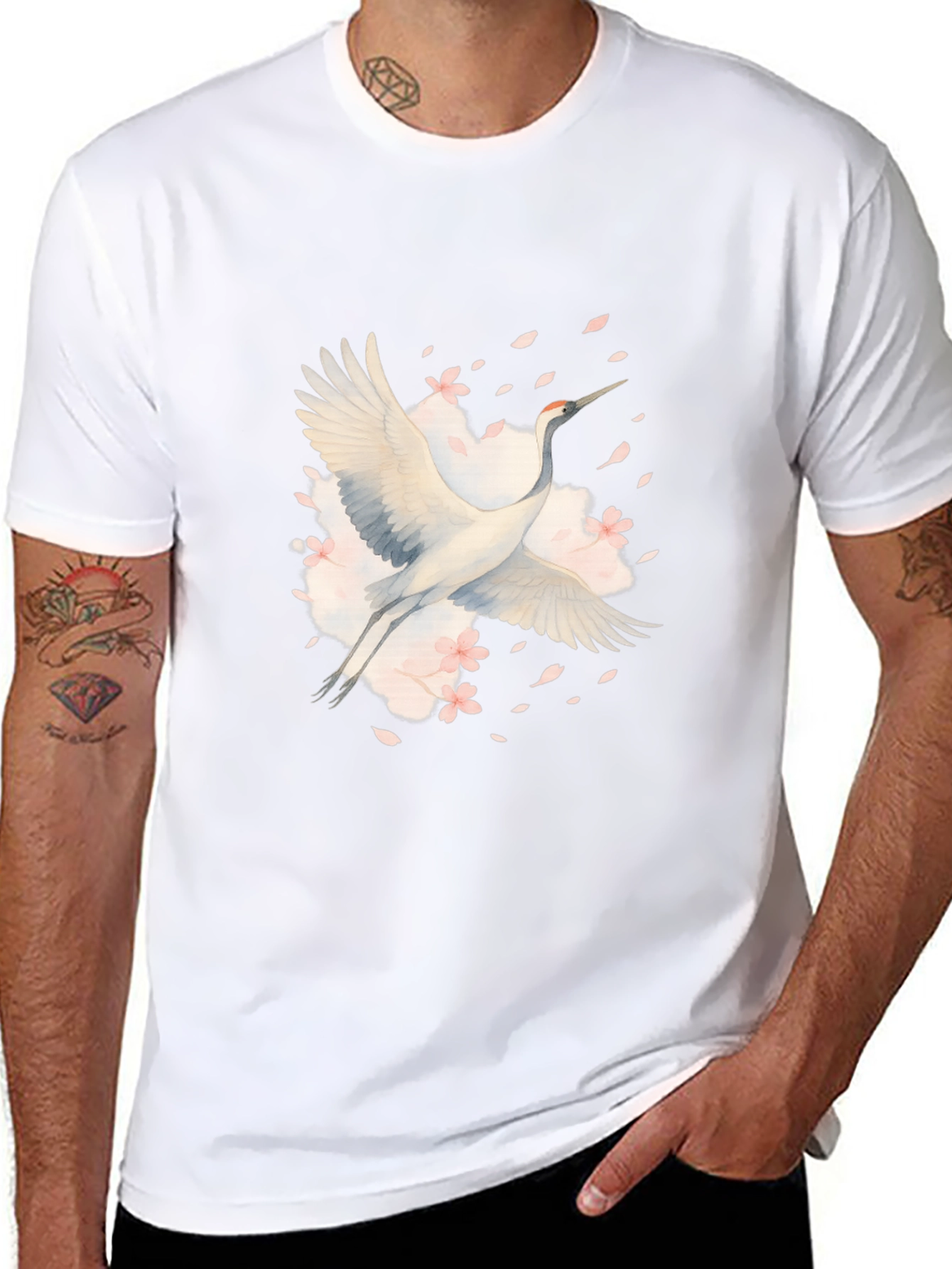 Crane and Blossoms Graphic Black T-Shirt