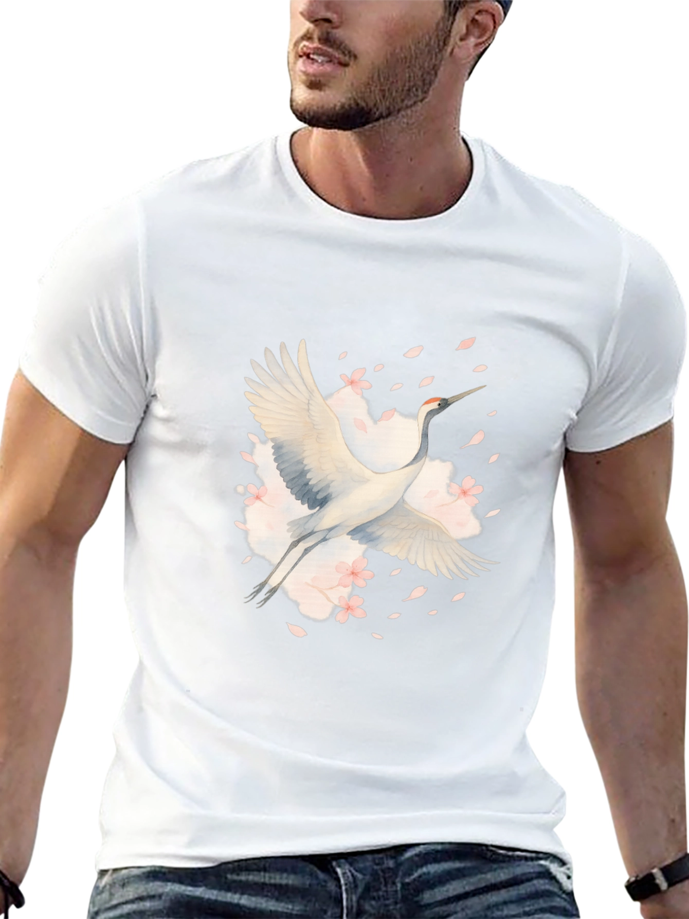 Crane and Blossoms Graphic Black T-Shirt