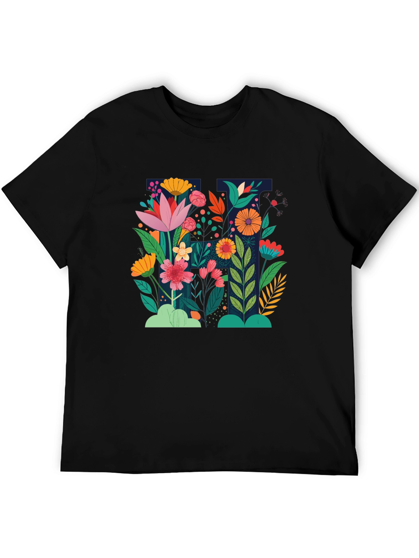 Floral Print Black Crew Neck T-Shirt