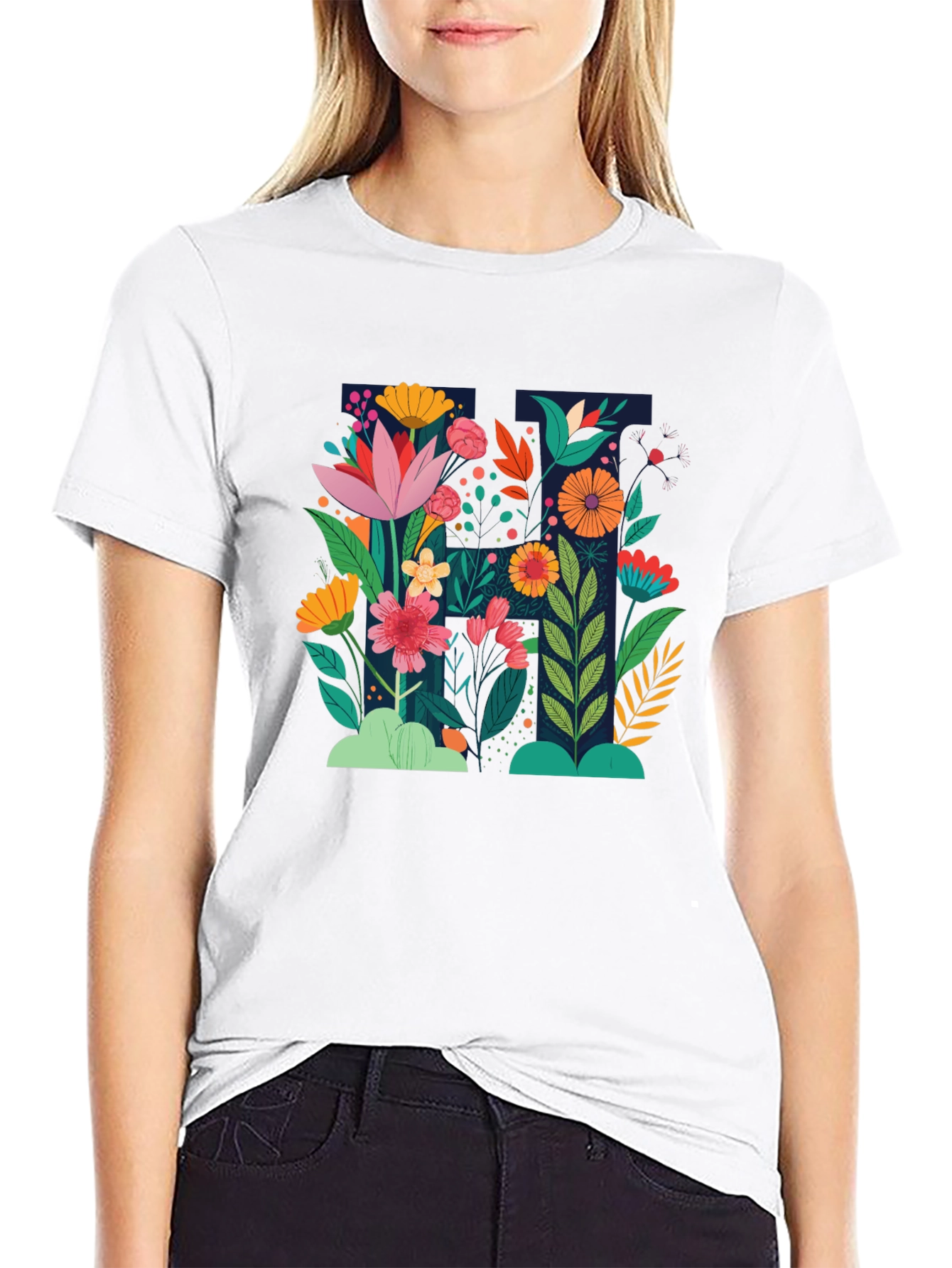 Floral Print Black Crew Neck T-Shirt