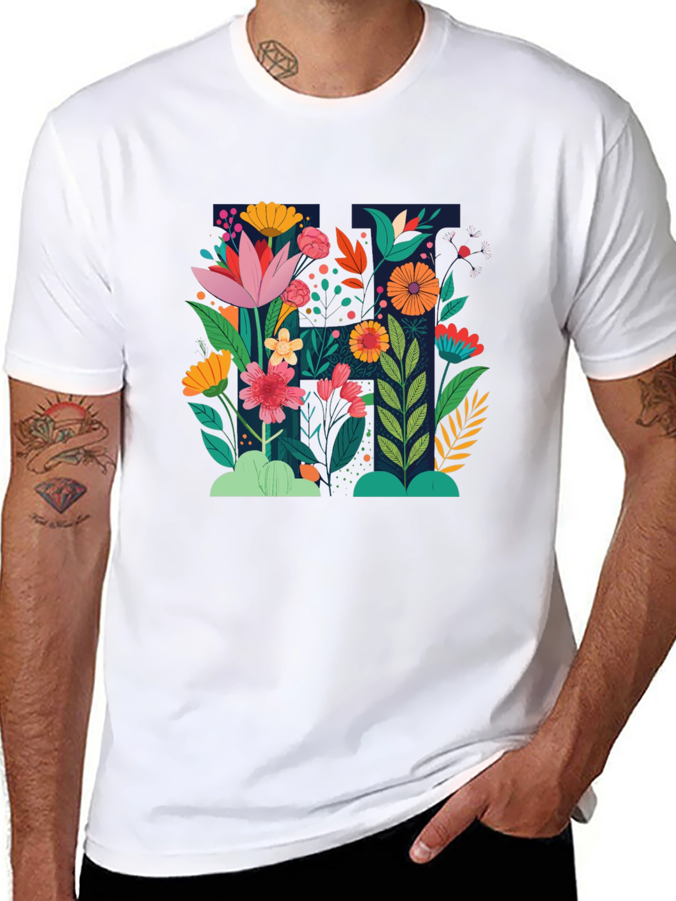 Floral Print Black Crew Neck T-Shirt