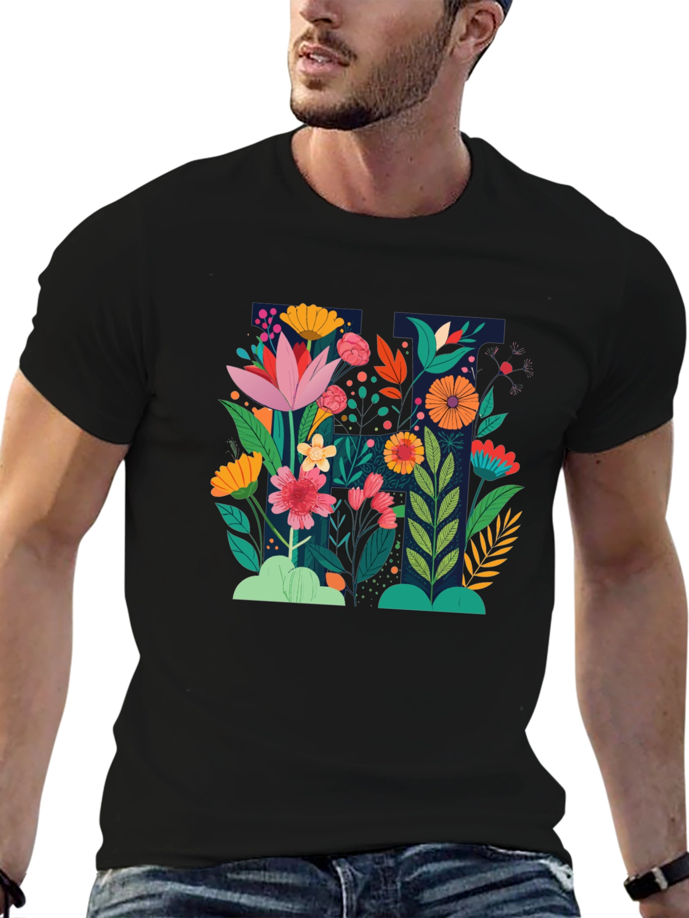 Floral Print Black Crew Neck T-Shirt