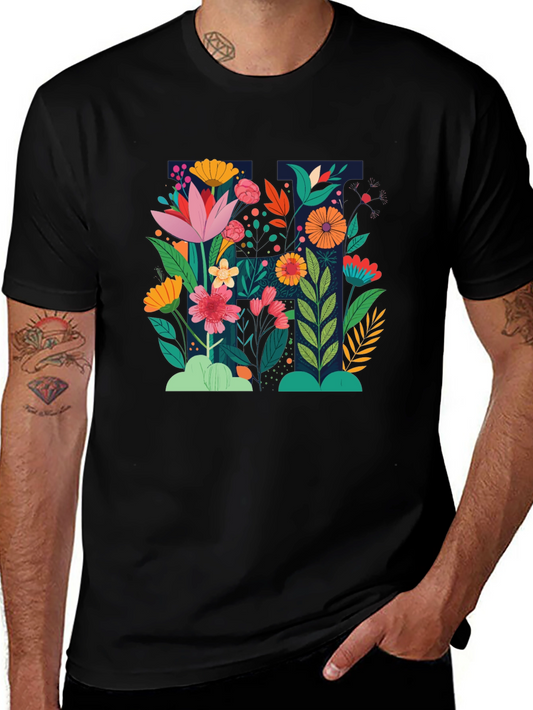 Floral Print Black Crew Neck T-Shirt