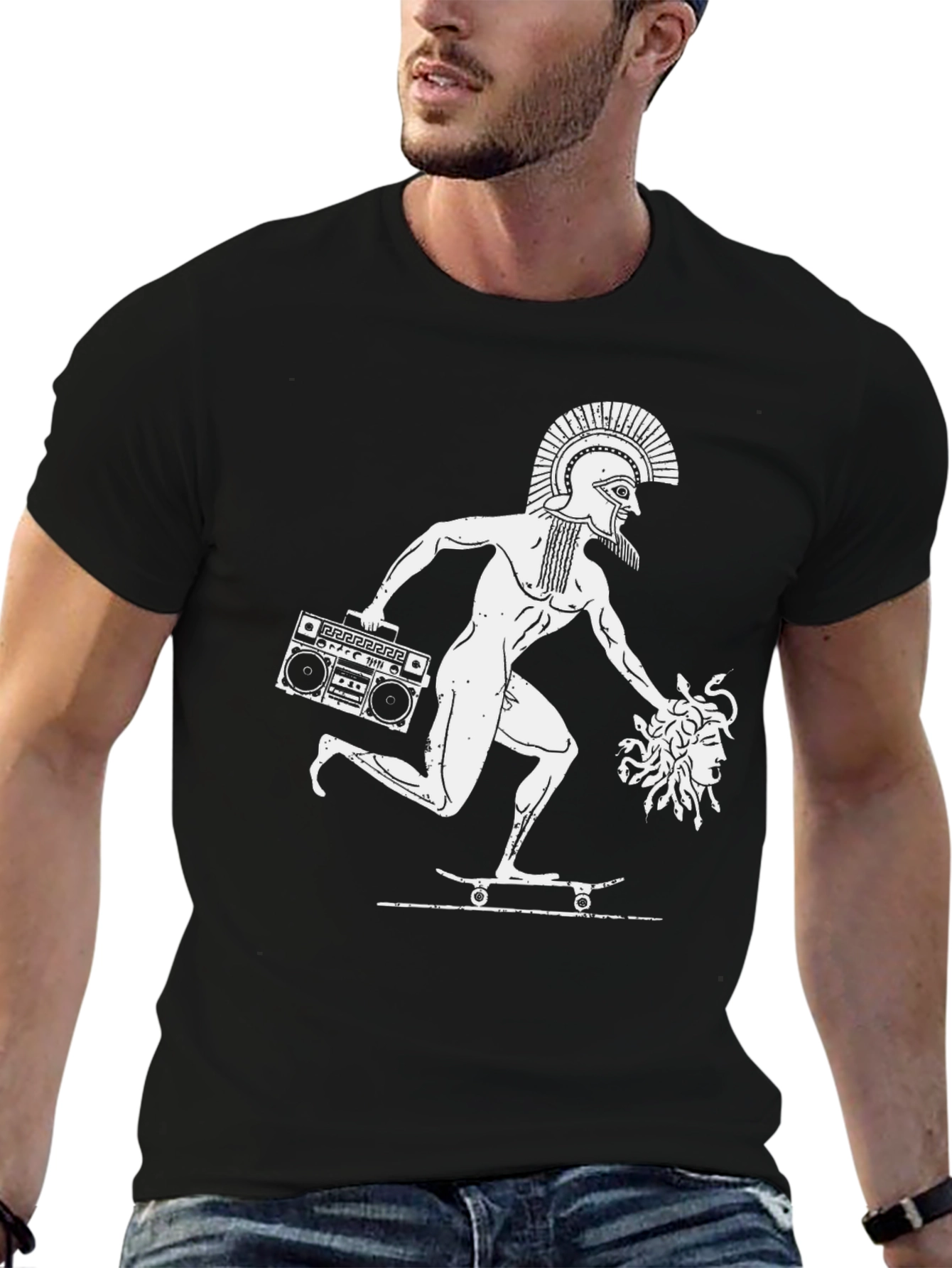 Skateboarder T-Shirt with Greek Warrior & Medusa