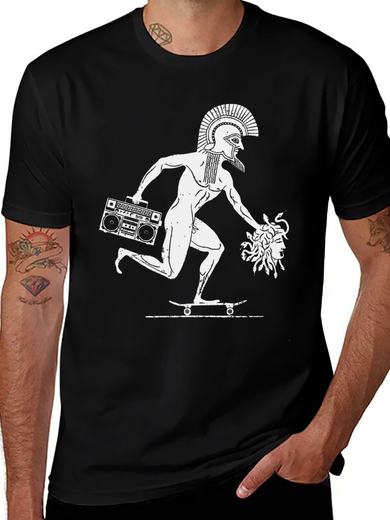 Skateboarder T-Shirt with Greek Warrior & Medusa