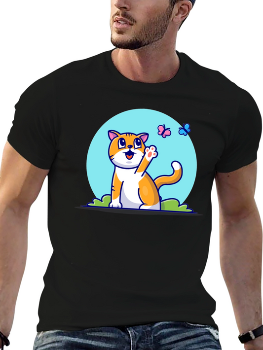 Cute Cat & Butterfly Graphic Tee - Black T-Shirt