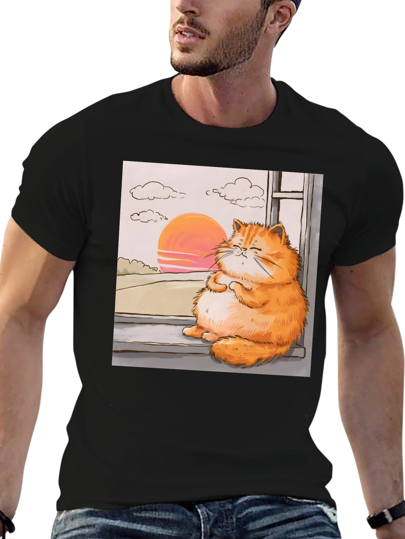 Relaxed Cat T-Shirt - Sunset Window View