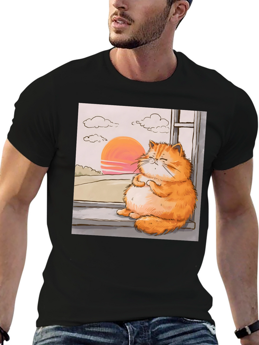 Relaxed Cat T-Shirt - Sunset Window View