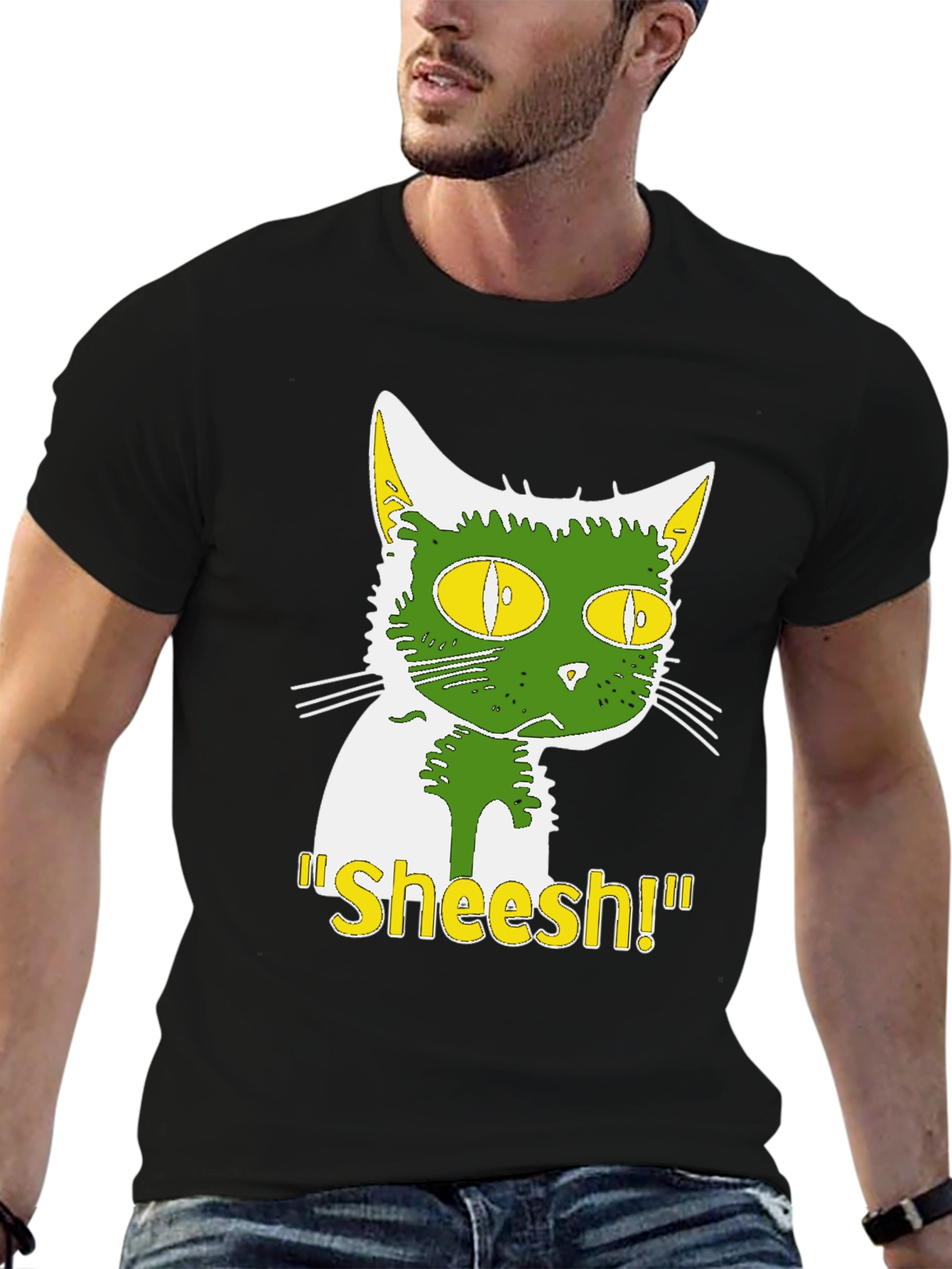 Funny Sheesh! Cat Graphic Tee - Black Cotton T-Shirt
