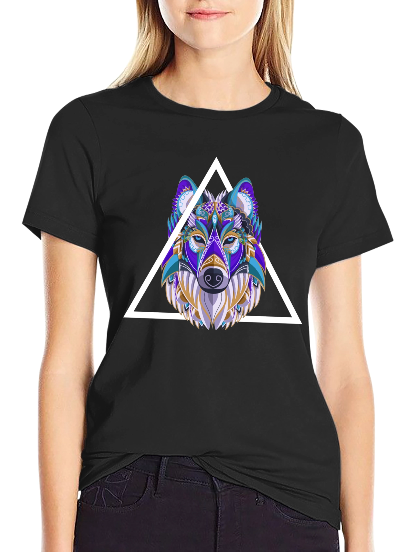 Wolf Graphic Tee - Geometric Style Black T-Shirt