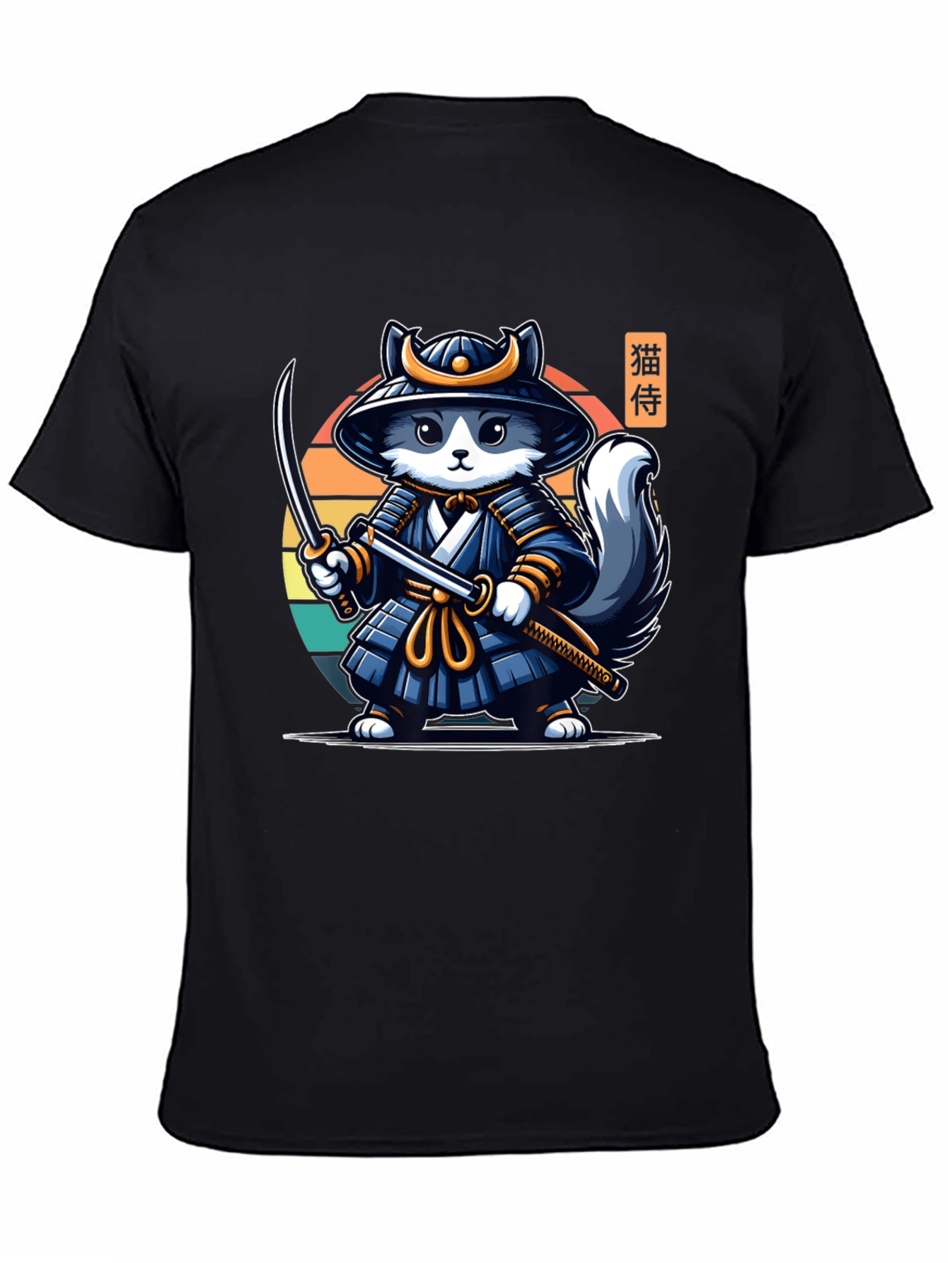 Samurai Cat T-Shirt - Black Crew Neck