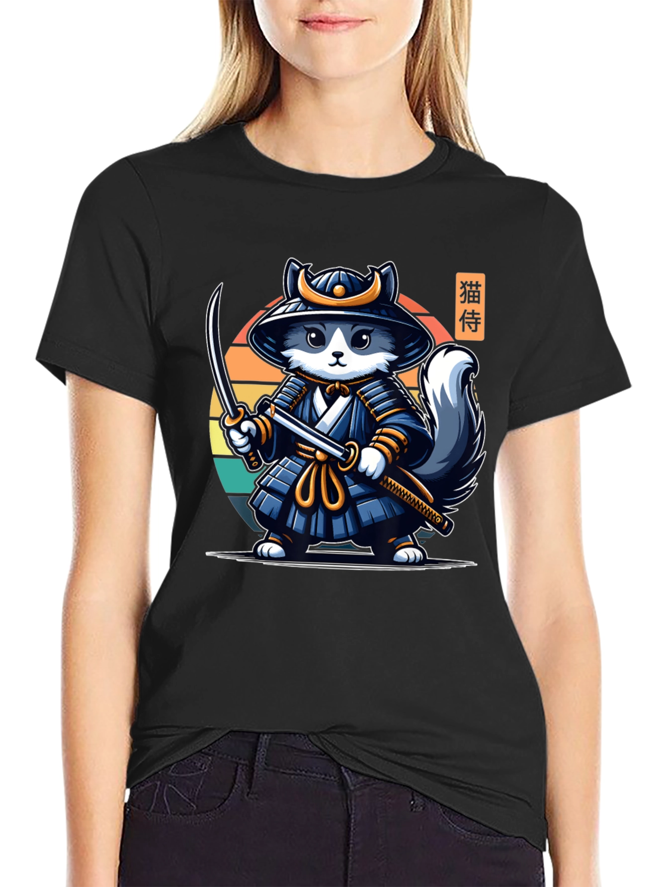 Samurai Cat T-Shirt - Black Crew Neck
