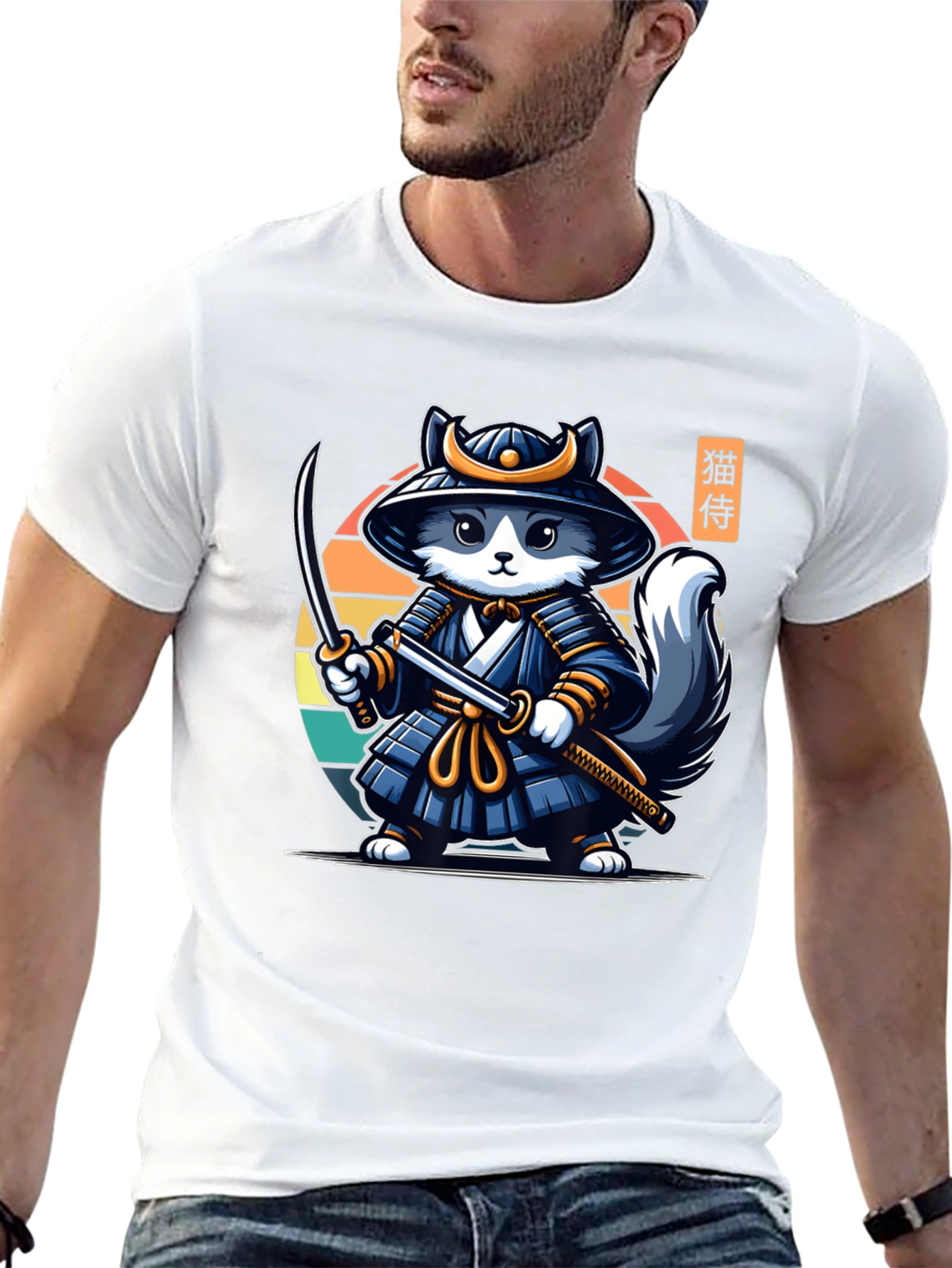 Samurai Cat T-Shirt - Black Crew Neck