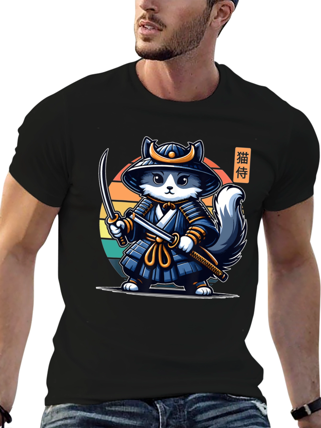 Samurai Cat T-Shirt - Black Crew Neck