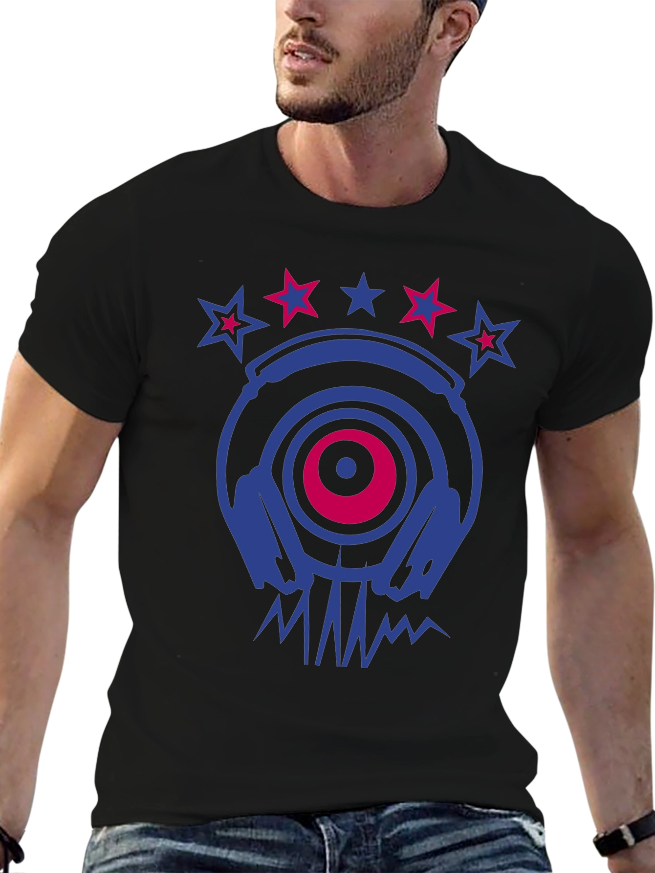 Cool DJ Headphones & Stars Graphic Print T-Shirt