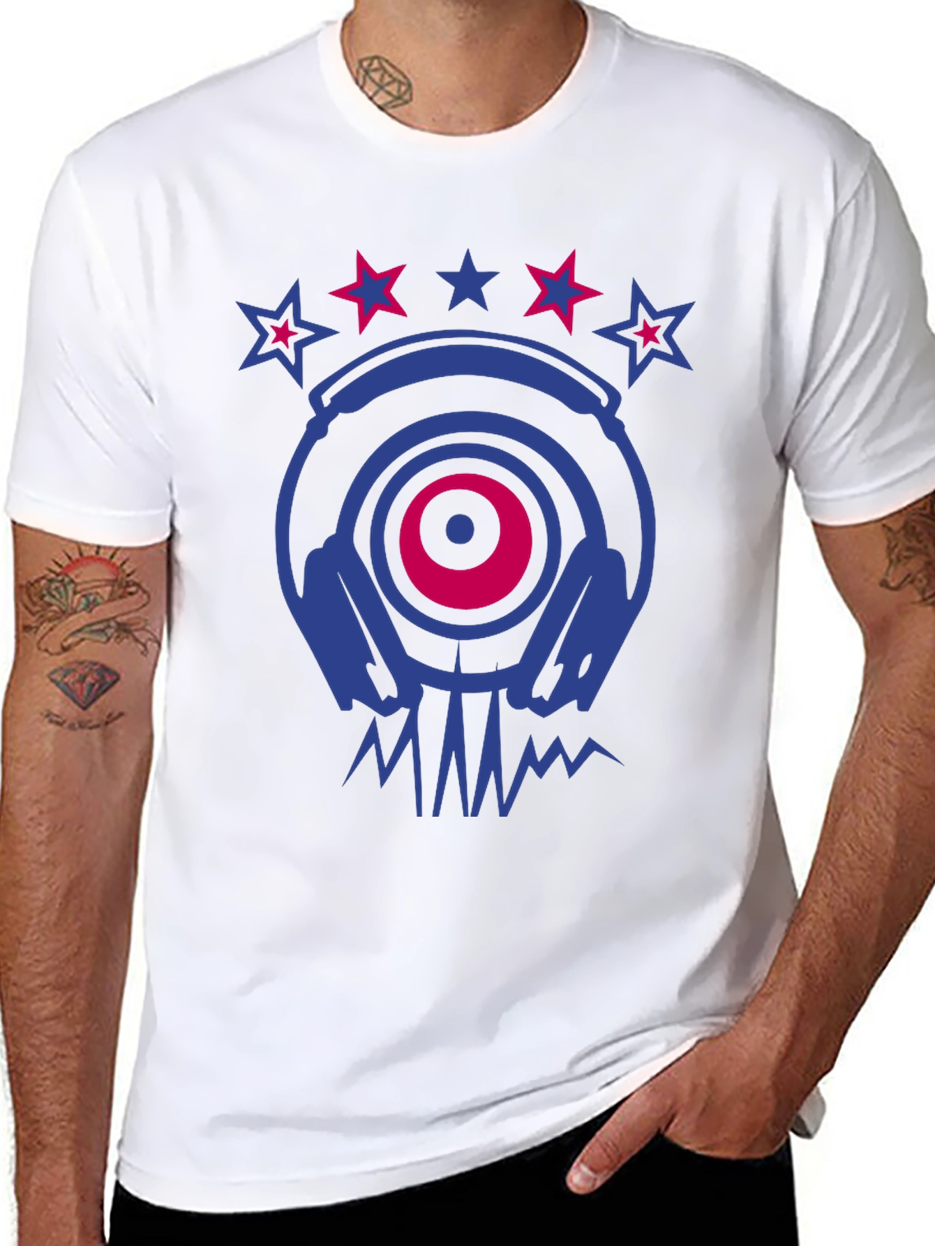 Cool DJ Headphones & Stars Graphic Print T-Shirt