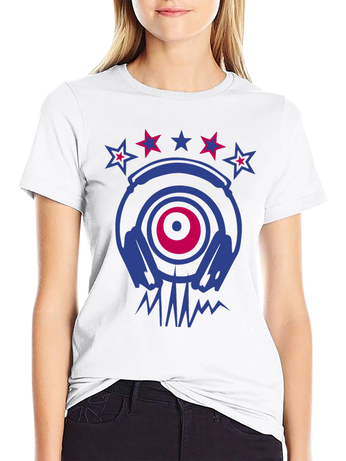 Cool DJ Headphones & Stars Graphic Print T-Shirt