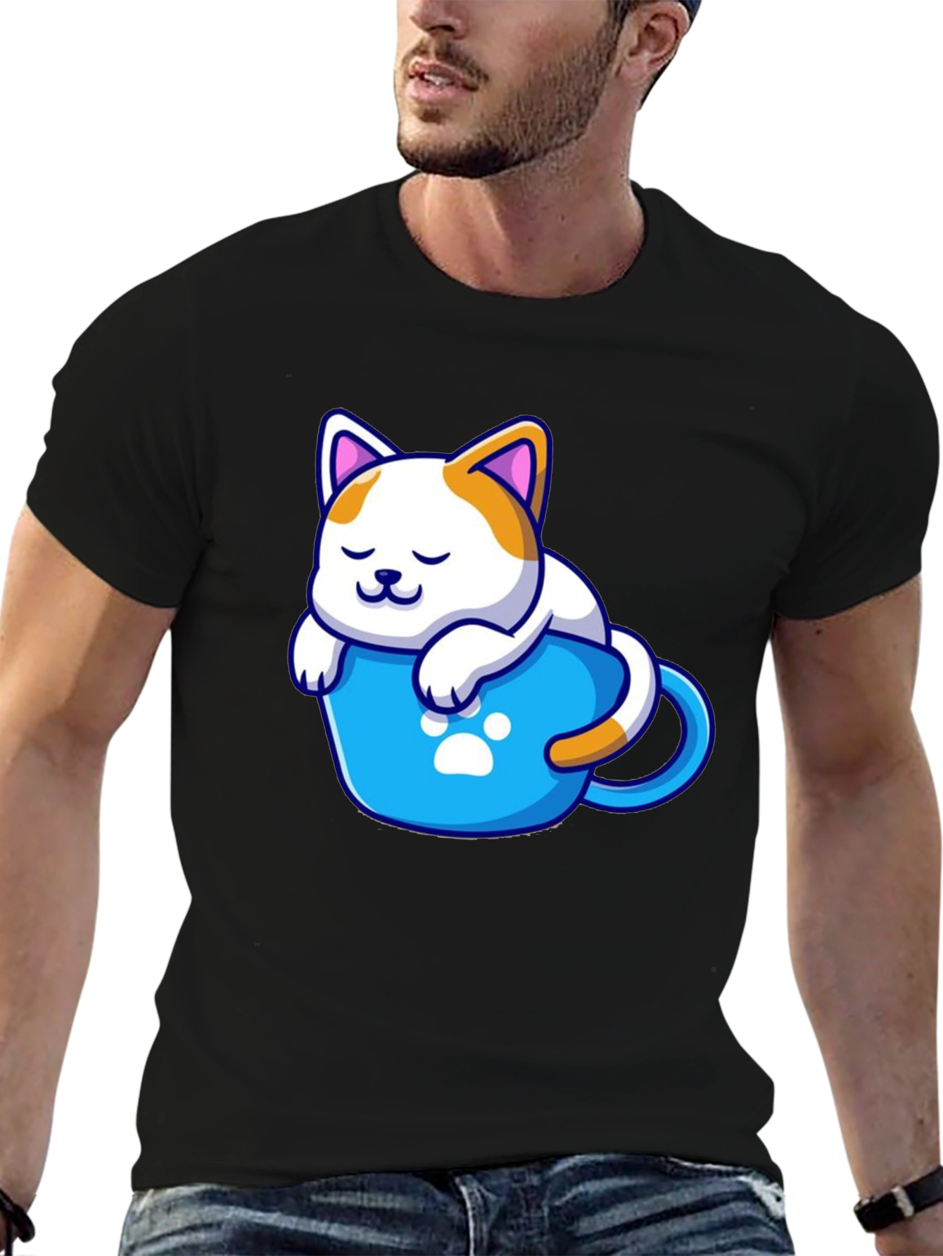 Cute Cat in a Cup Black T-Shirt