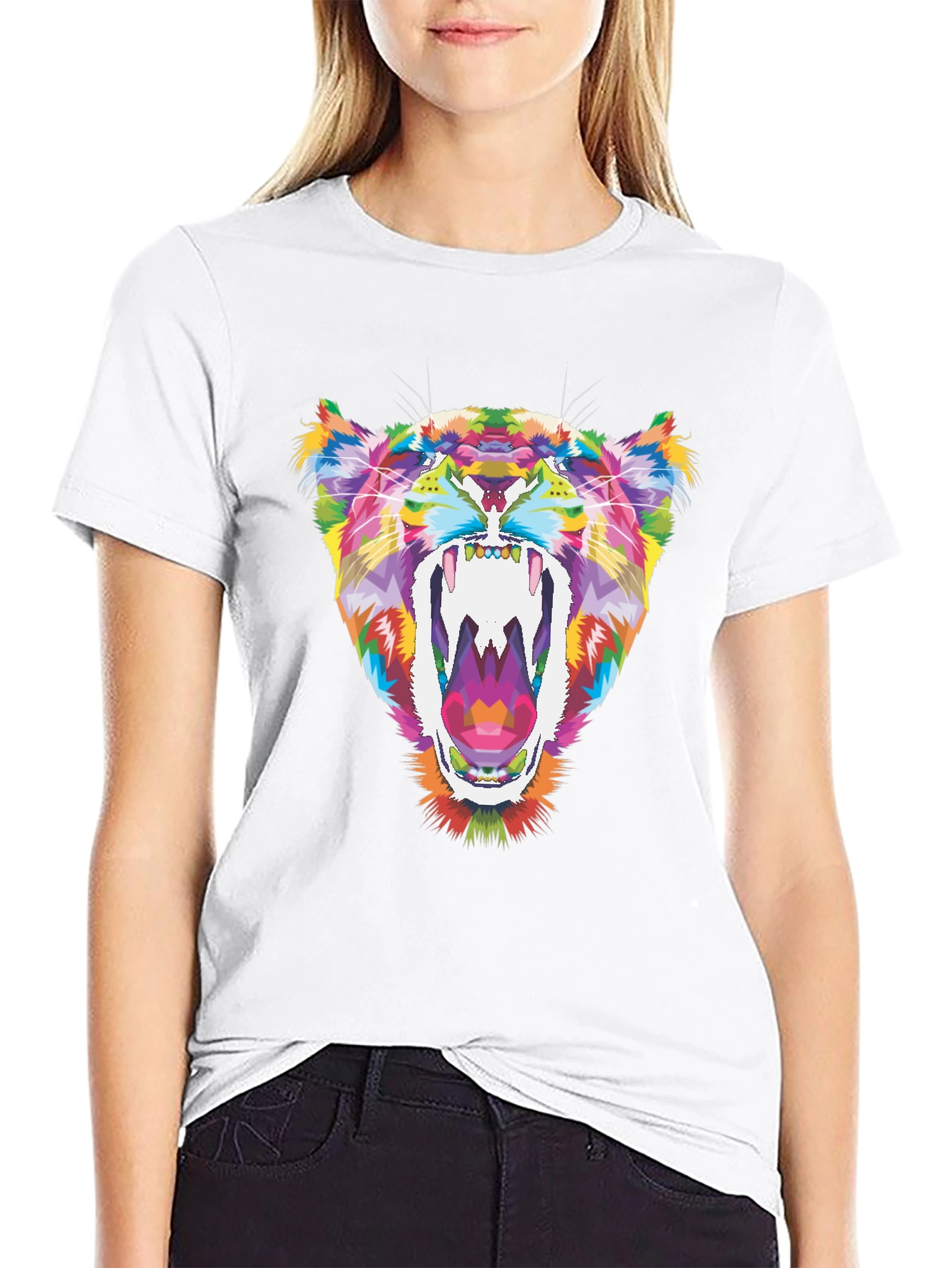 Vibrant Geometric Tiger Graphic Tee - Black